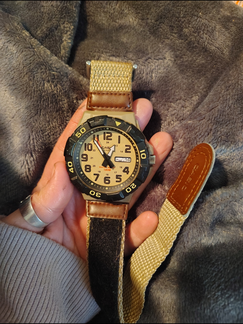 Casio Beige Dial Men's Field Watch with Black Bezel and Tan Strap